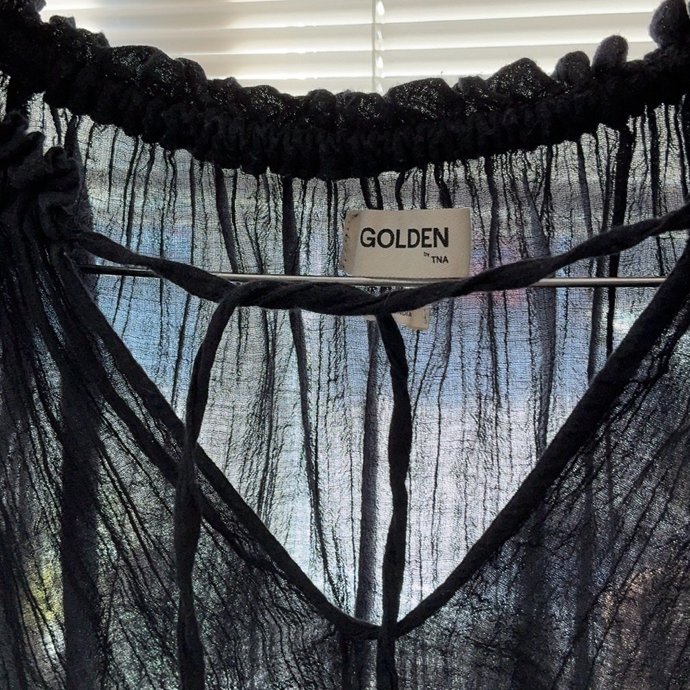 Golden By Tna Black Gauzy Semi Sheer Sweet Tie Front Femme Cap Sleeve Top